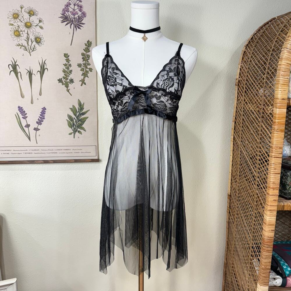 Black Sheer Mesh Lace Babydoll Dress Sexy Romantic Goth Vampire Dark Fairy S